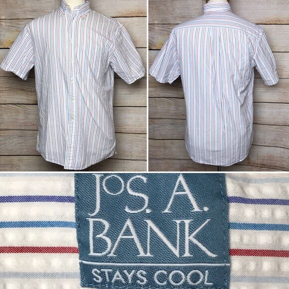 Jos A Bank Stays Cool Blue White Red Striped Short Sleeve Casual Shirt Small S - Picture 1 of 6